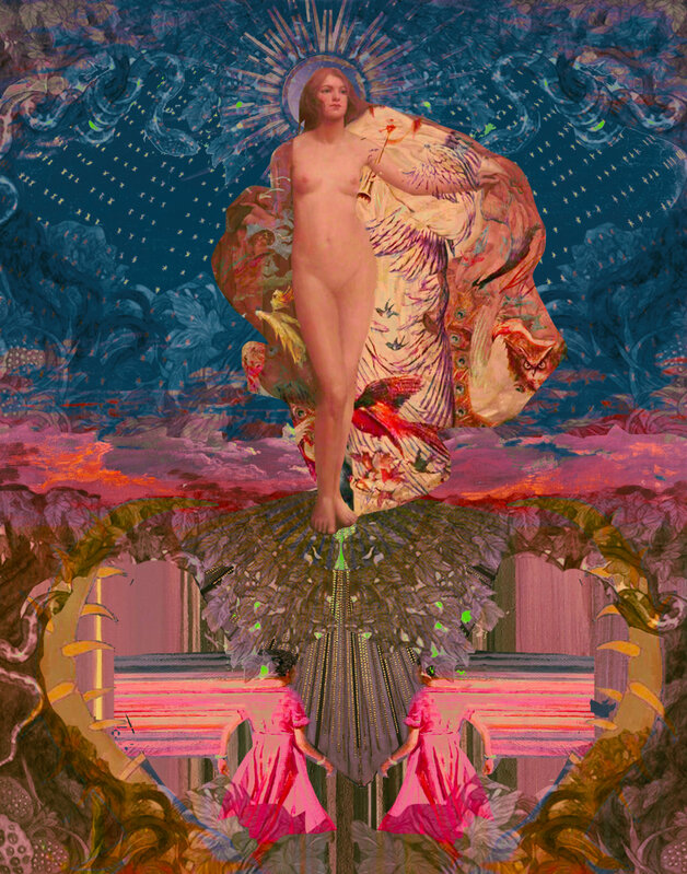 Deming King Harriman, ‘Surreal Grail VII (nude with cape, radiating halo)’, 2019, Print, Digital collage print, framed, Deep Space Gallery