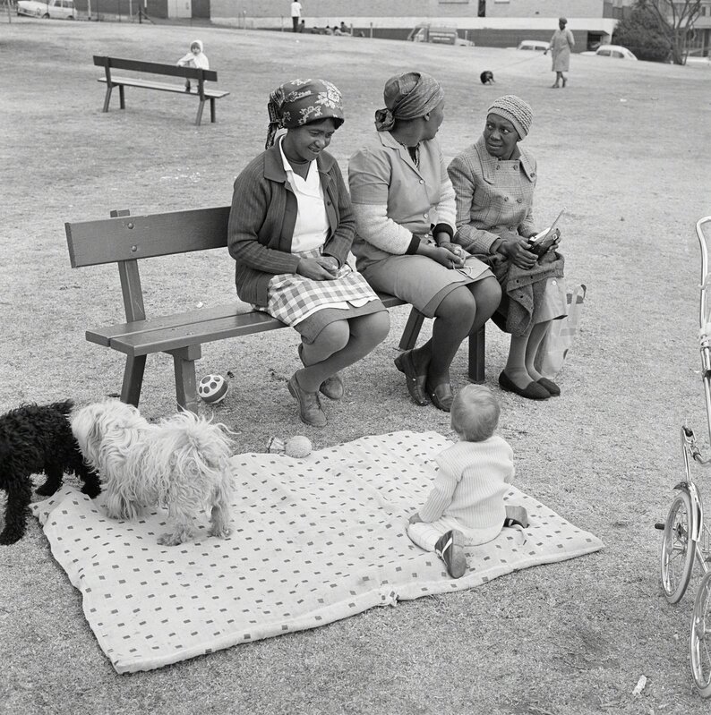 David Goldblatt, ‘Baby with child-minders and dogs in the Alexandra Street Park, Hillbrow’, 1972, Photography, Silver gelatin on fibre-based paper, Goodman Gallery