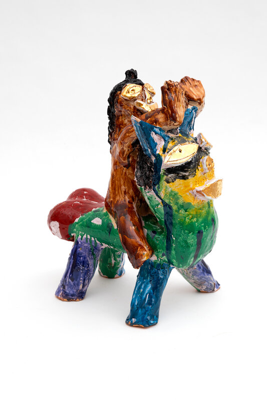 Ramesh Mario Nithiyendran, ‘Cat with Brown figure’, 2020, Sculpture, Earthenware, glaze and lustre, Sullivan+Strumpf