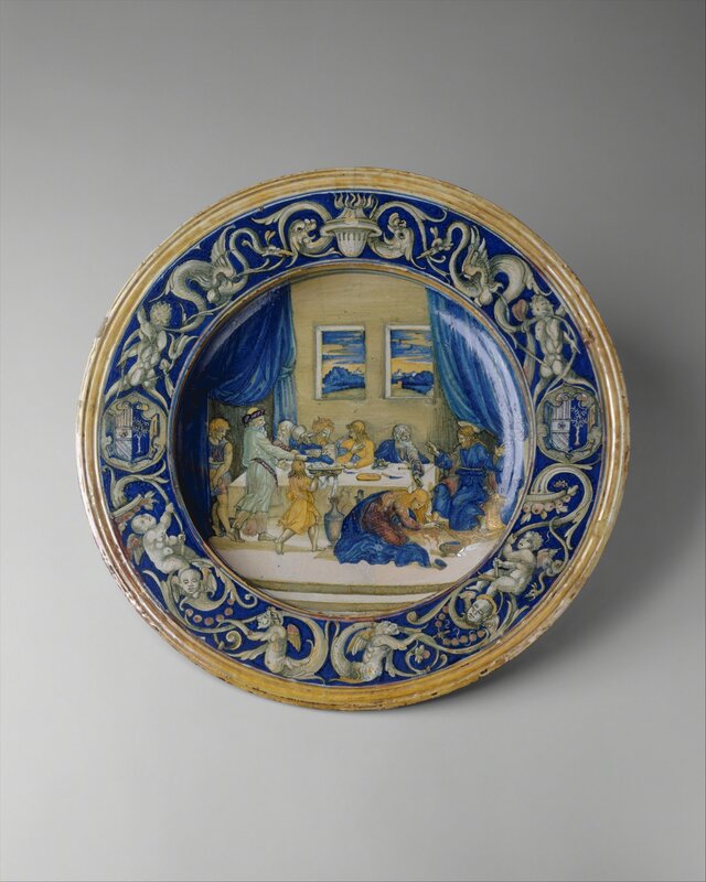 Workshop of Maestro Giorgio Andreoli, ‘Armorial dish: Supper at the House of Simon the Pharisee’, 1528, Design/Decorative Art, Maiolica (tin-glazed earthenware), The Metropolitan Museum of Art