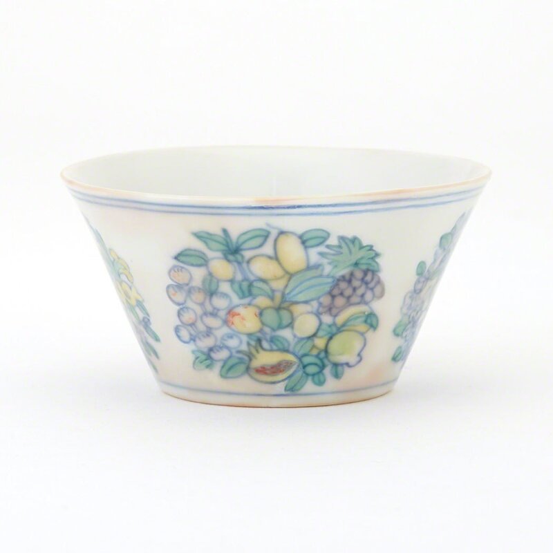 Unknown Artist, ‘Chinese Ducai Glazed Porcelain Cup’, Chenghua Mark and of the Period, Design/Decorative Art, The straight-sides tapering to the short foot rim, painted on the exterior with fruiting and flowering leafy roundels above a single line border at the base and a double line border below the rim, the six-character mark within a double line blue square on the foot., Doyle