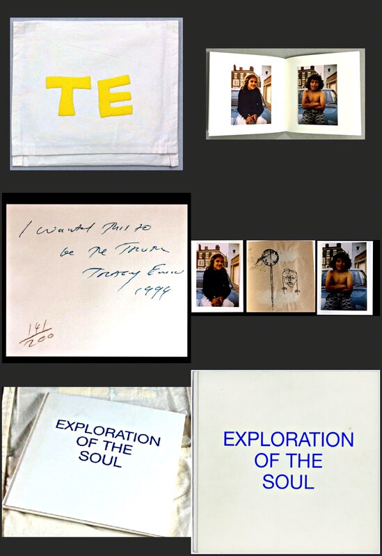Tracey Emin, ‘Exploration of the Soul - Monoprint (unique) plus (2) photographs held in a limited edition hand signed and inscribed book, housed in a hand sewn bag. Provenance: From the Estate of Tim Hunt, (agent for the Andy Warhol Foundation) and collection of Tama Janowitz (bestselling author of "Slaves of New York" and Warhol pal)’, 1994, Print, Tipped-in monoprint (unique) and ink inscription held in Hand signed and numbered (edition of 200) & ink inscribed monograph in White cloth-backed boards, plus hand sewn canvas bag with appliqué text on front; monograph features text and two (2) lt ed tipped-in photographs along . (Each hand sewn cloth bag from this edition is unique), Alpha 137 Gallery