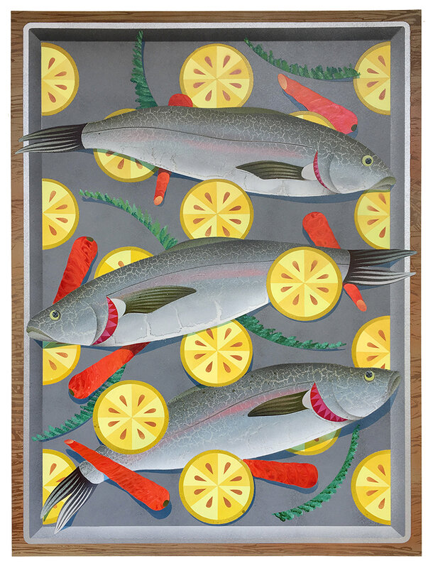 Casey Gray, ‘Roasted Salmon with Lemon & Carrots’, 2019, Painting, Acrylic spray paint, molding paste and fluid acrylic on paper, Hashimoto Contemporary