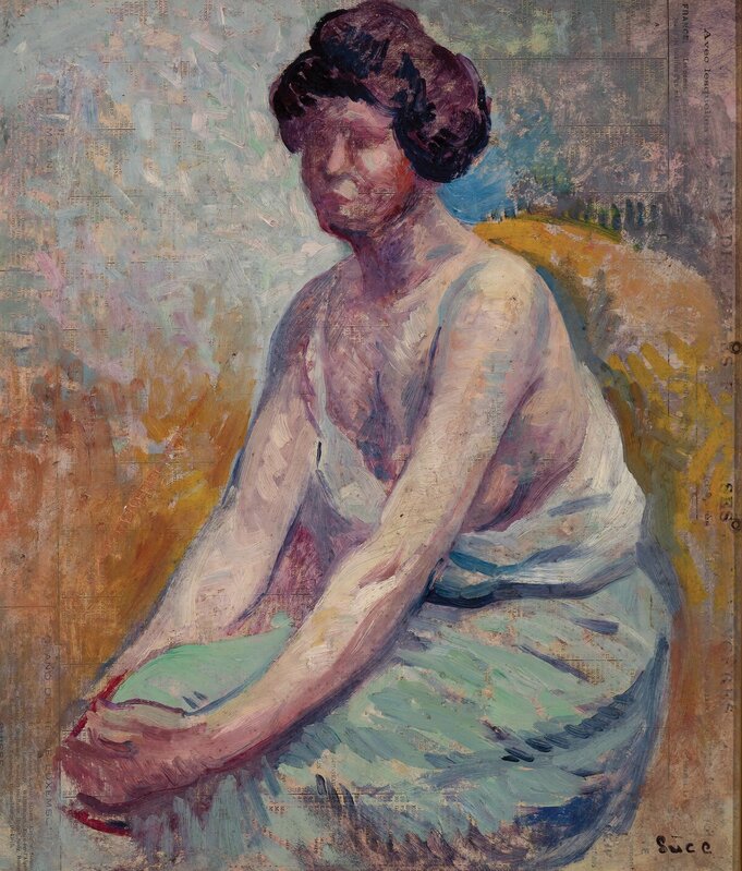 Maximilien Luce, ‘Madame Luce (Portrait d'Ambroisine)’, circa 1900, Drawing, Collage or other Work on Paper, Oil on printed paperboard, Doyle