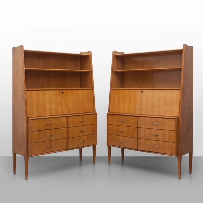 Paolo Buffa, ‘A pair of secrétaires’, early 1950's, Design/Decorative Art, Cherry wood cherry veneered wood maple veneered and formica coated interiors and brass handles one with three drawers and a door (false drawers) the second with two doors (false drawers)., Aste Boetto