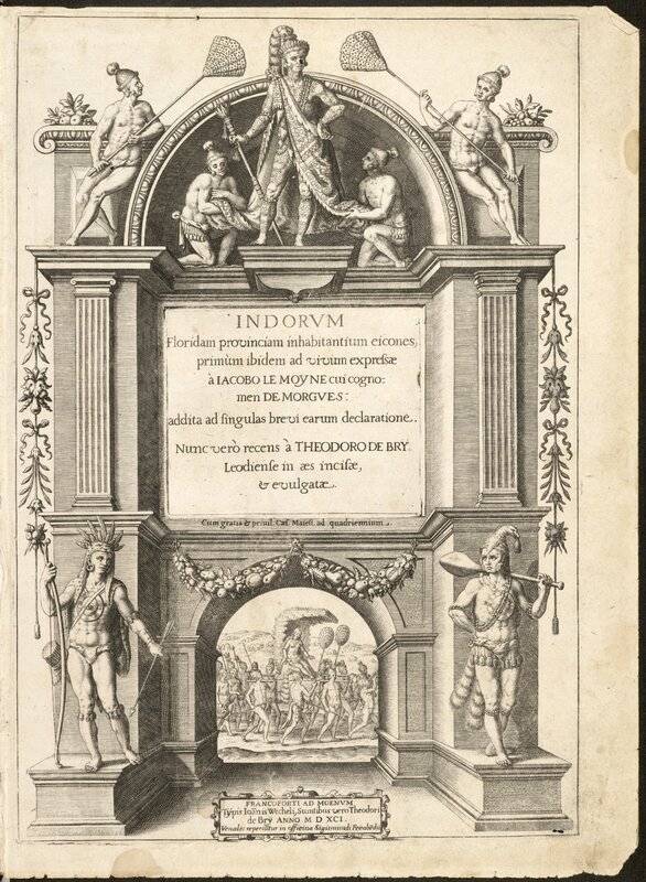 Theodor de Bry, ‘Admiranda narratio fida tamen, de commodis et incolarvm ritibvs Virginiae : nvper admodvm ab Anglis. . .’, 1590, Print, Engraving, Getty Research Institute