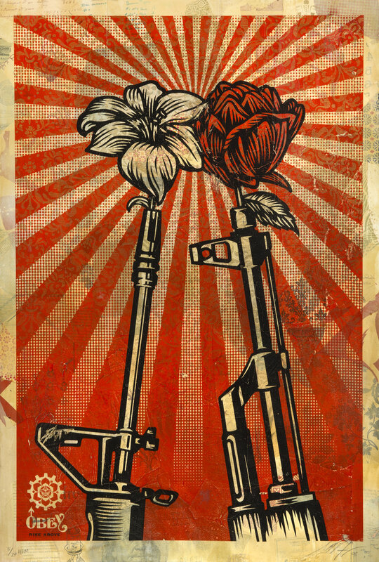 Shepard Fairey, ‘M16 Vs Ak 47’, 2006, Mixed Media, HPM - Silkscreen and mixed media collage on paper, Julien's Auctions