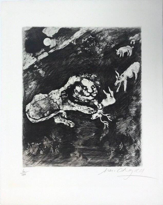 Marc Chagall, ‘THE HEIFER, THE GOAT AND THE SHEEP IN COMPANY WITH THE LION’, 1952, Print, ETCHING AND AQUATINT, Gallery Art