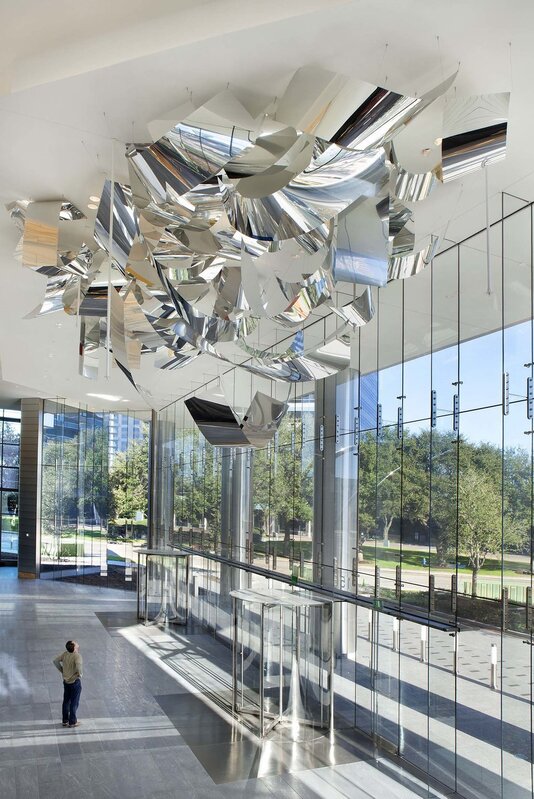 Sharon Louden, ‘Untitled’, (Houston, TX), 2017, Installation, 58 highly reflective (raw) aluminum sheets (24x96" and 24x75"), colored aluminum strips, ranging in size from 2 1/2"x13" to 4x24." Steel cable, steel screws, eyebolts., Cheryl Numark Fine Art