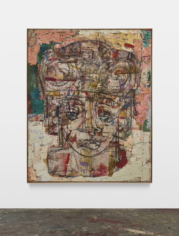 Daniel Crews-Chubb, ‘Head (Serpents and drummer, pink, green, yellow)’, 2020, Painting, Oil, oil stick, pastel, acrylic, ink, charcoal, spray paint, coarse pumice gel and collaged fabrics on canvas in artist’s frame, Timothy Taylor