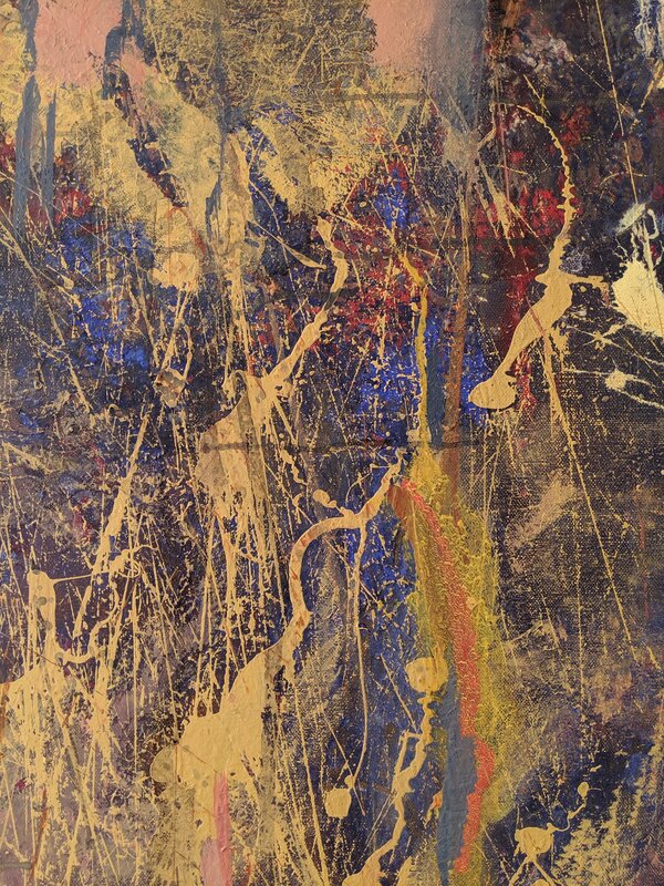 Jennifer Blalack, ‘Safari - Contemporary Abstract Painting in the Style of Jackson Pollock Drip + Splatter Painting in Gold + Blue + Reds’, 2015, Painting, Acrylic on Canvas, Gallery 1202