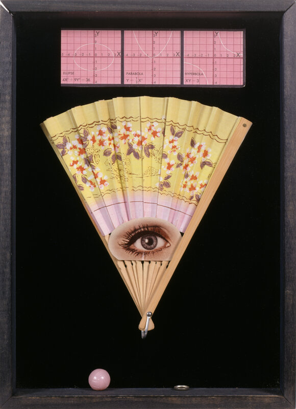 Joseph Cornell, ‘Optician's Chart’, n.d., Sculpture, Wooden box with glass containing printed paper, color reproduction, fan, plastic ball, metal grommet, and velvet, San Francisco Museum of Modern Art (SFMOMA) 