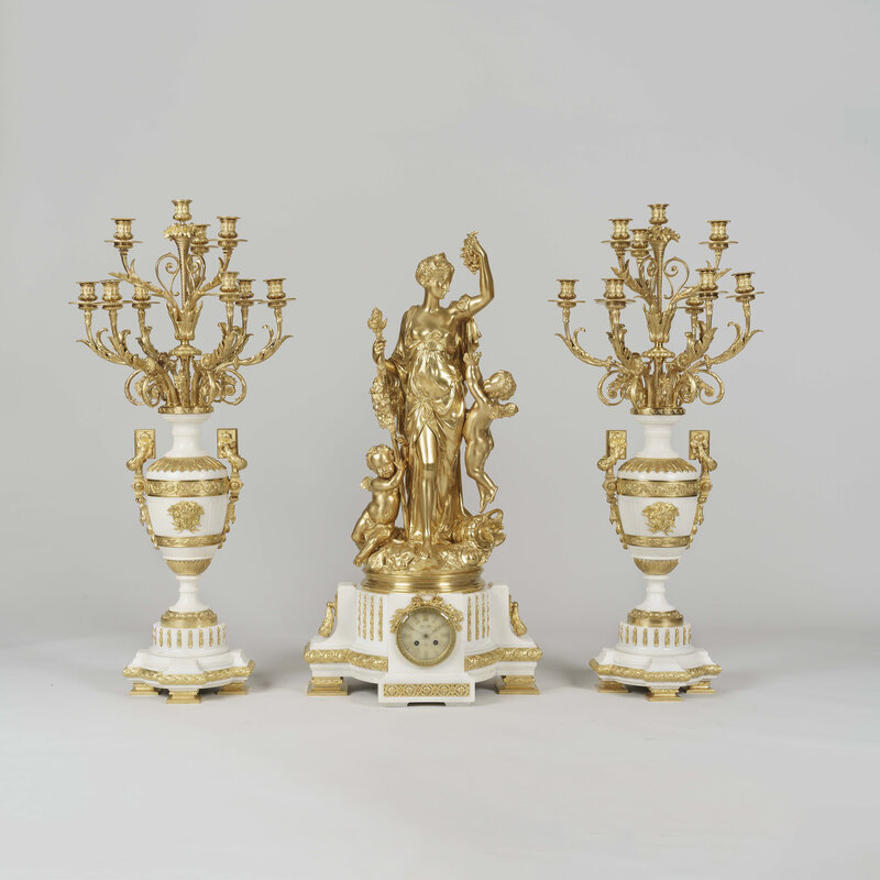 Jules Graux, ‘Exhibition-Quality Garniture de Cheminée’, ca. 1880, Design/Decorative Art, Gilt Bronze, Marble, Butchoff Antiques