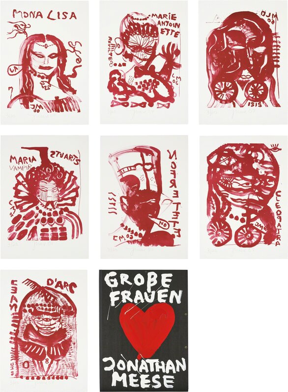 Jonathan Meese, ‘Große Frauen (Great Women)’, 2007, Print, The complete set of seven lithographs in red, on Magnani paper, with full margins, with justification, the sheets loose, contained in the original black card portfolio with hand-painted cover, Phillips