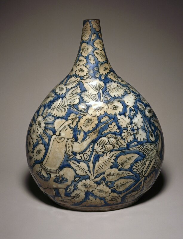 ‘Bottle Depicting a Hunting Scene’, First half 17th century, Sculpture, Ceramic; fritware, painted in cobalt blue and black on an opaque white glaze, Brooklyn Museum