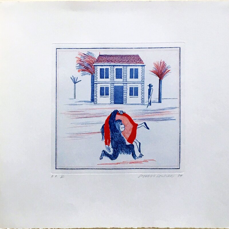 David Hockney, ‘Geography Book: Illustration for "A Simple Heart" of Gustave Flaubert’, 1974, Print, Etching on Arches mould paper, Hamilton-Selway Fine Art Gallery Auction
