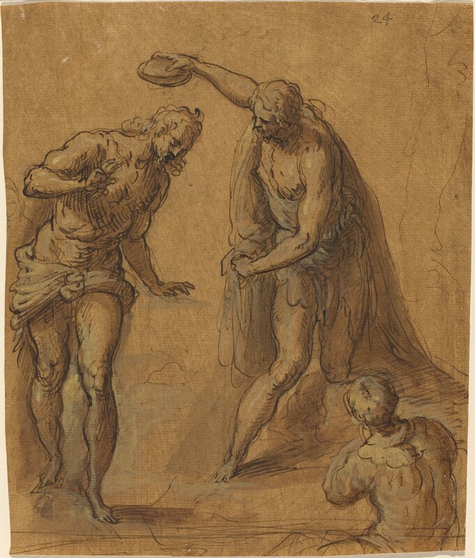 Jacopo Palma il Giovane, ‘Sketch for a Baptism of Christ’, Drawing, Collage or other Work on Paper, Pen and brown ink with brown wash  (heightened with white?) on brown washed laid paper, National Gallery of Art, Washington, D.C.