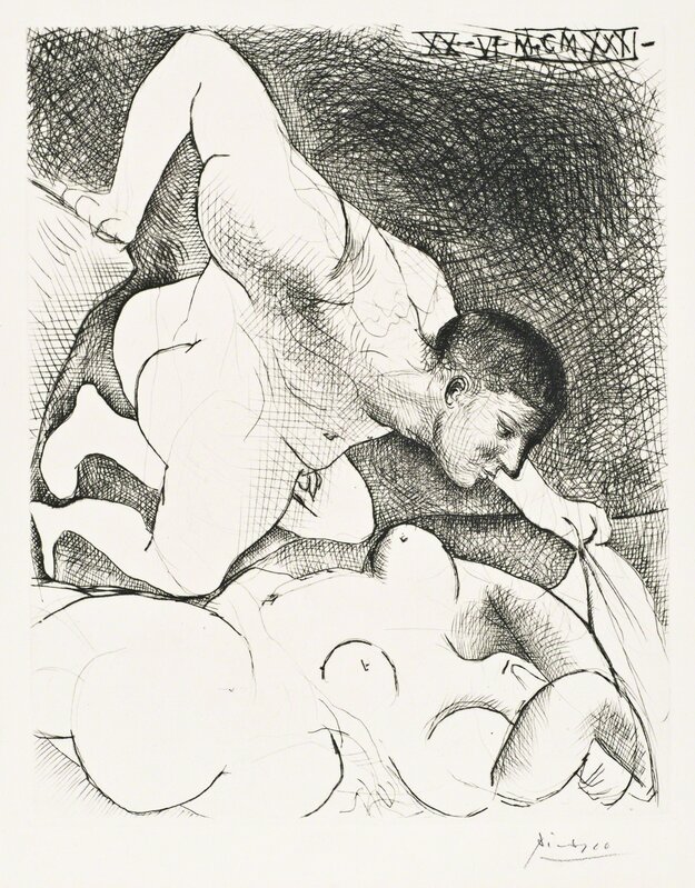 Pablo Picasso, ‘Homme Dévoilant Une Femme’, 1931, Print, Original drypoint printed in black ink on Montval laid paper bearing the “Vollard” watermark., Christopher-Clark Fine Art