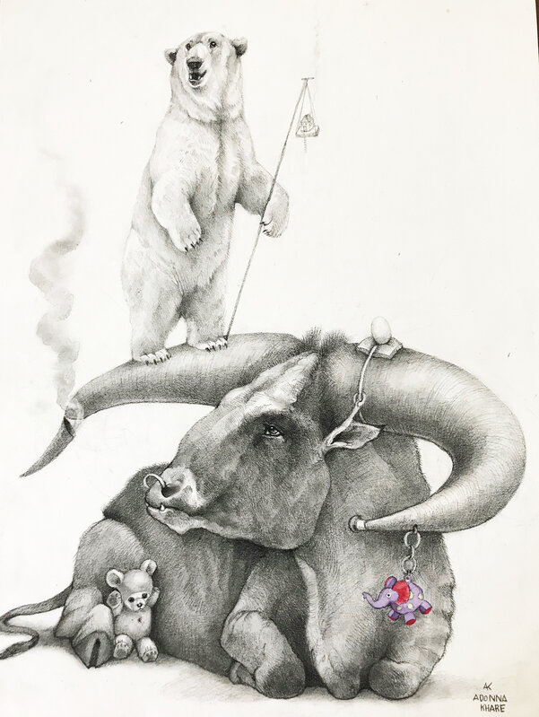 Adonna Khare, ‘Bull with Polar Bear’, 2019, Drawing, Collage or other Work on Paper, Carbon pencil and watercolor on paper, Visions West Contemporary