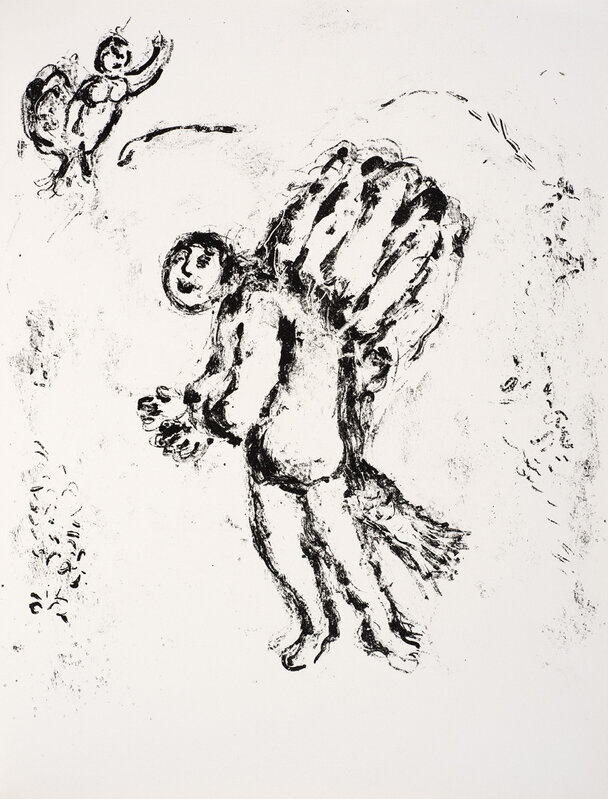Marc Chagall, ‘Caliban, with fish-tail, carries a load of firewood on his back, while a cross-looking harpy observes him from above.’, 1975, Print, Lithograph, Ben Uri Gallery and Museum 