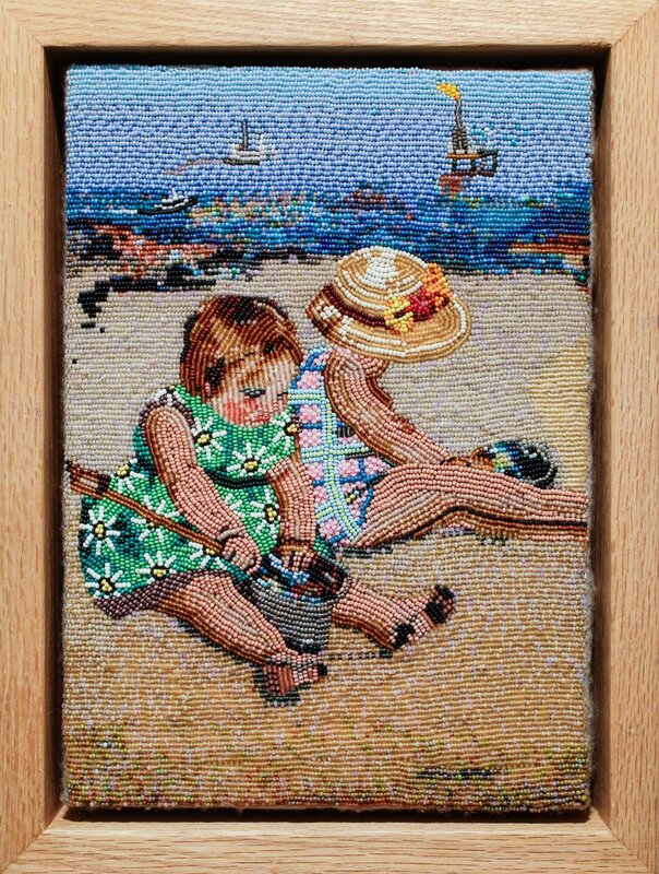 Corey Stein, ‘2 Girls Playing On The Beach With Tar’, 2008, Textile Arts, Hand-sewn seed beads on felt, Paradigm Gallery + Studio