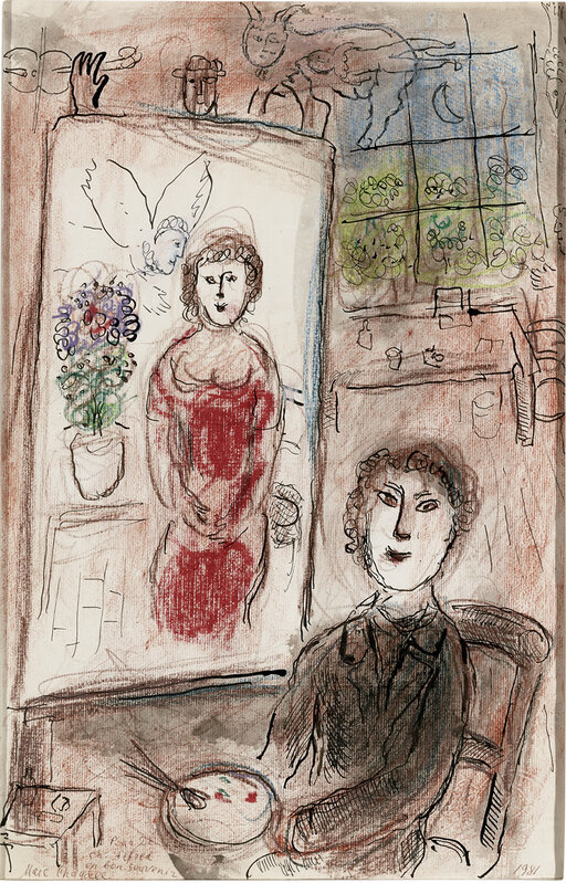 Marc Chagall, ‘Le peintre et son chevalet’, 1981, Drawing, Collage or other Work on Paper, Colored wax crayons, grey wash, India ink and white heightening on paper,  M.S. Rau