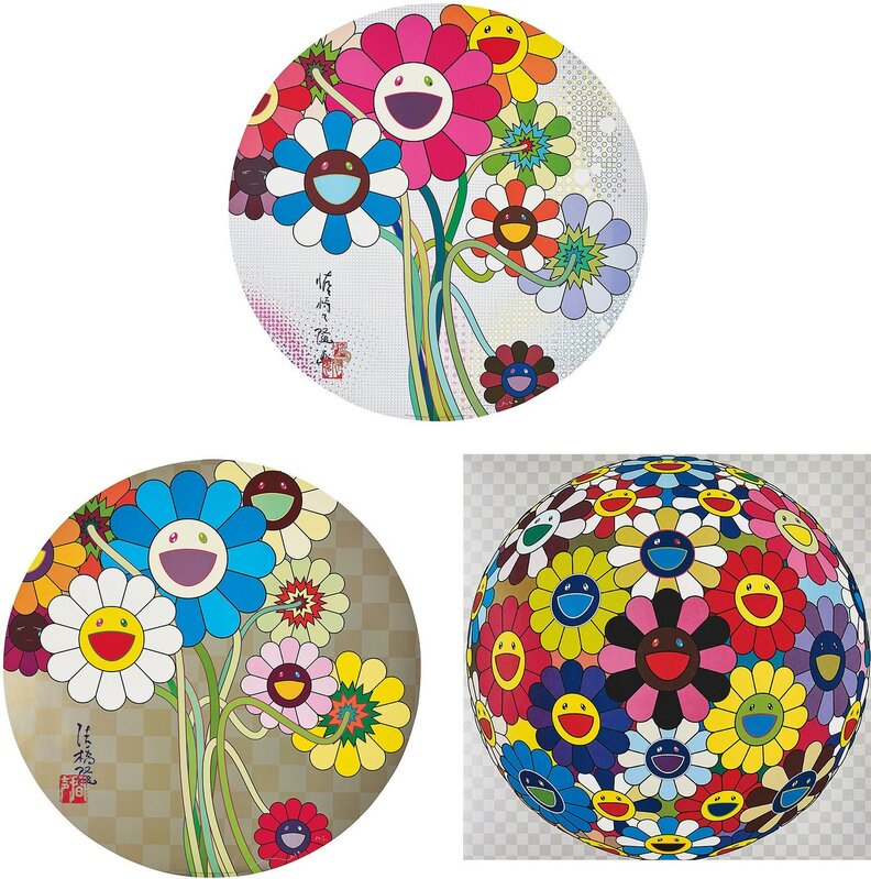 Takashi Murakami, ‘Flower Ball (Kindergarten Days); Flowers for Algernon; and Even The Digital Realm Has Flowers To Offer!’, 2002; 2009; and 2010, Print, Three offset lithographs in colours, on smooth wove paper, the full sheets., Phillips