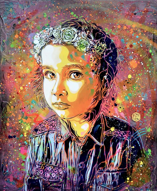 C215, ‘Girl with crown of flowers’, 2018, Painting, Acrylic, stencil and spray paint on canvas, Mazel Galerie