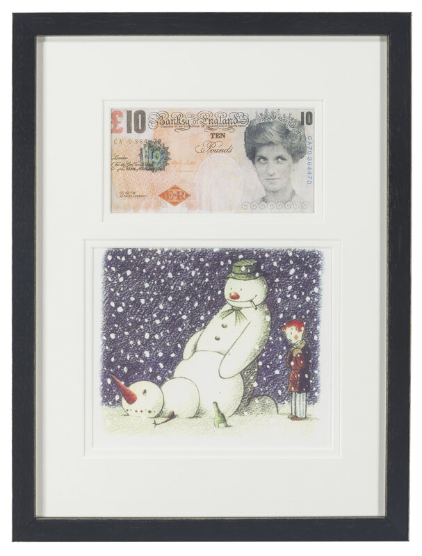 Banksy, ‘Two Works: Di-Faced Tenner, Rude Snowman Christmas Card’, c.2005, Print, Two color offset lithographs on paper, the "Di-Faced Tenner"double-sided, the "Rude Snowman Christmas Card" sheet folded over (as issued), John Moran Auctioneers