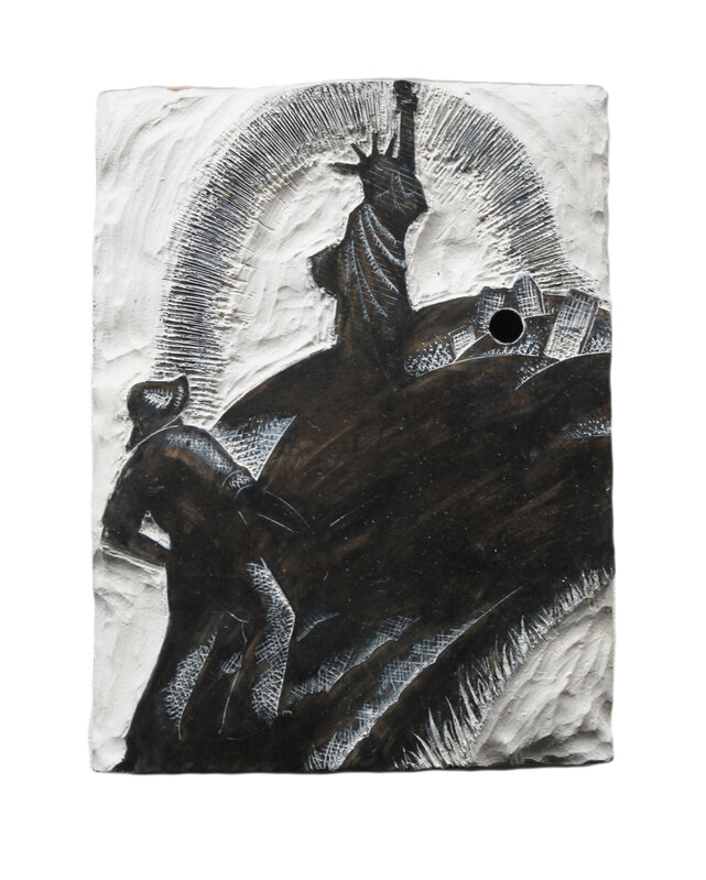 Clare Leighton, ‘Farmer and Statue of Liberty’, 1930, Print, Original woodblock (unfinished), cancelled, Liss Llewellyn