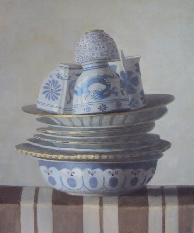 Olga Antonova (b. 1956), ‘Stacked plates and cups’, 2020, Painting, Oil on canvas, Rice Polak Gallery