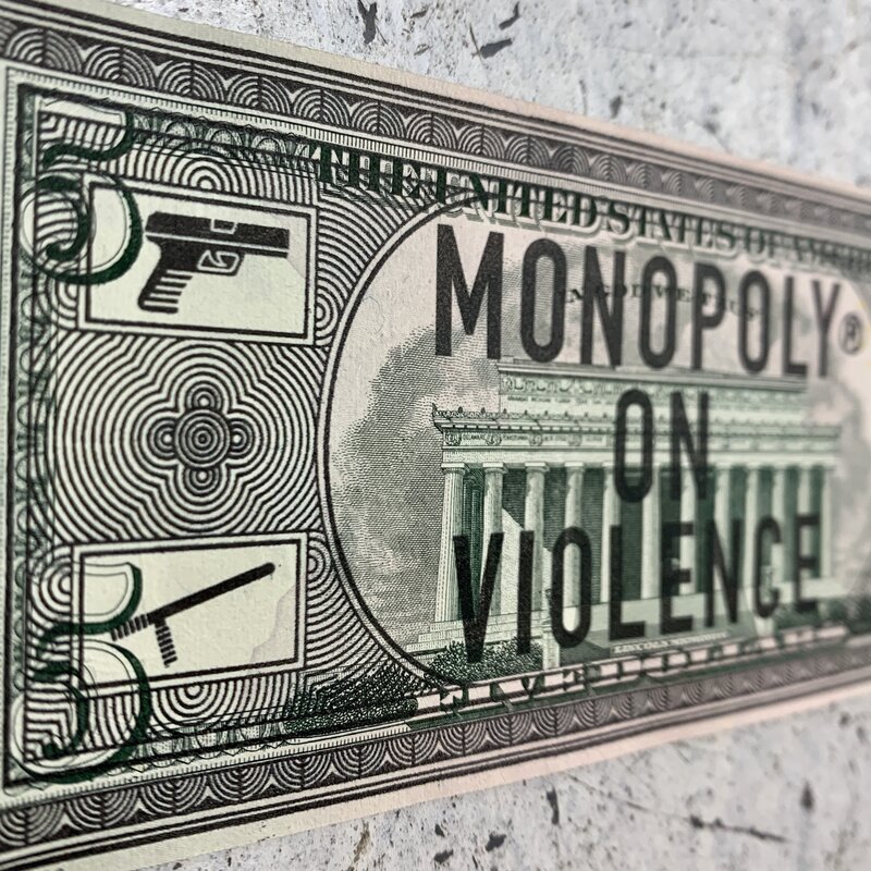 Penny, ‘Monopoly on Violence (AP)’, 2020, Drawing, Collage or other Work on Paper, One layer archival photographic ink print on genuine five Dollar bill, Hashimoto Contemporary