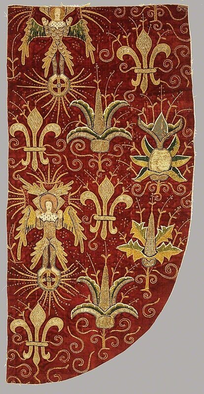 Unknown British, ‘Opus Anglicanum (Chasuble)’, late 15th century, Fashion Design and Wearable Art, Silk and metallic threads on linen, appliqué on silk velvet foundation with silk embroidery and silver-gilt shot, The Metropolitan Museum of Art