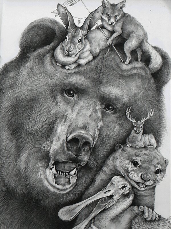 Adonna Khare, ‘Grizzly and Bunny’, 2017, Drawing, Collage or other Work on Paper, Carbon pencil on paper, Visions West Contemporary