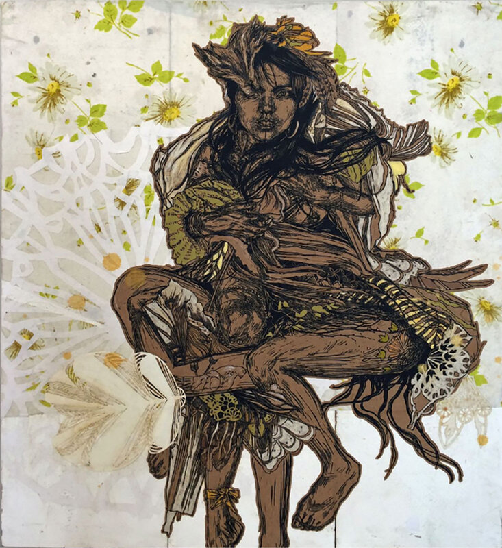 Swoon, ‘Monica’, 2016, Mixed Media, Fabric, silkscreen, an gouache on paper and wood, Taglialatella Galleries