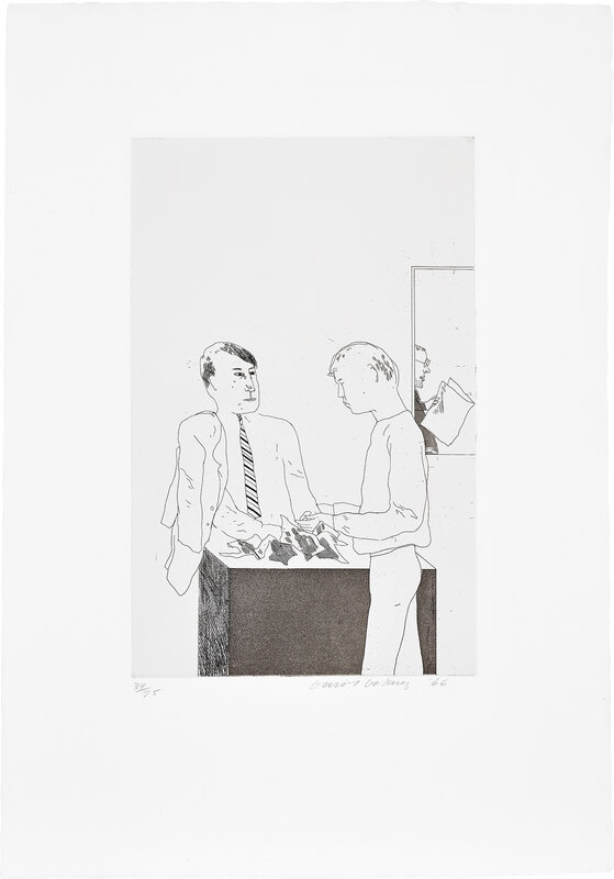 David Hockney, ‘He Enquired after the Quality, plate 3 from Illustrations for 14 Poems by C.P. Cavafy (E. A. 460, S.A.C. 49, M.C.A.T. 49)’, 1966-1967, Print, Etching and aquatint, on handmade Crisbrook paper, with full margins., Phillips