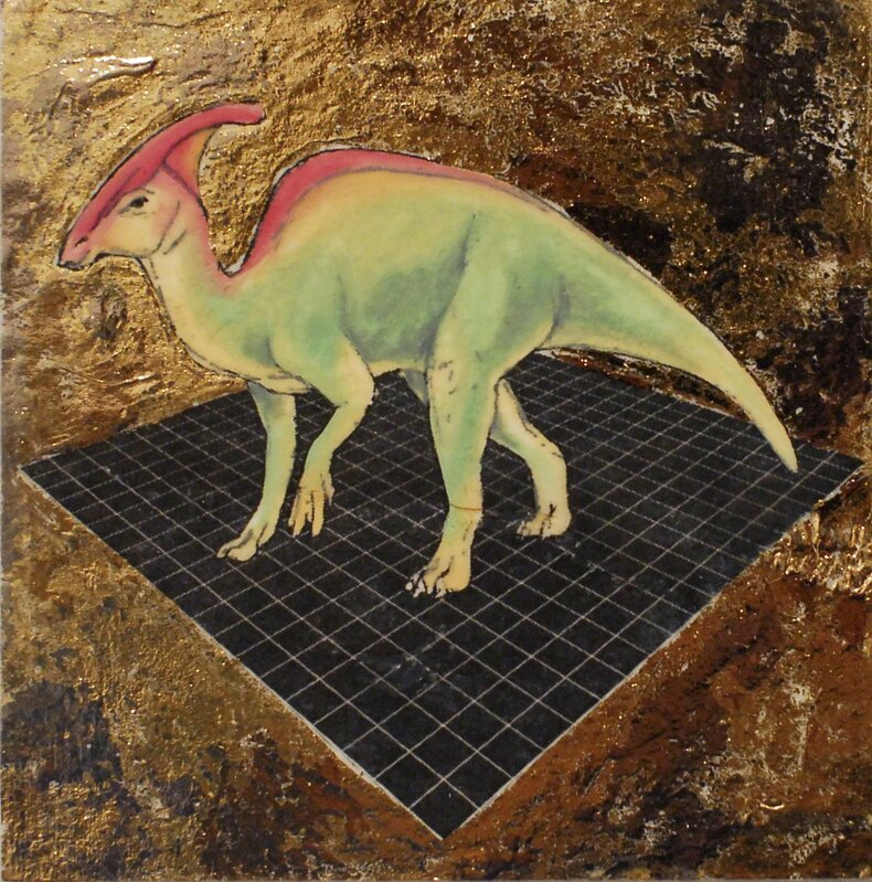 Alexis Kandra, ‘Tropical Parasaurolophus’, 2019, Painting, Oil, xerox transfer, and metal leaf on wood panel, Deep Space Gallery