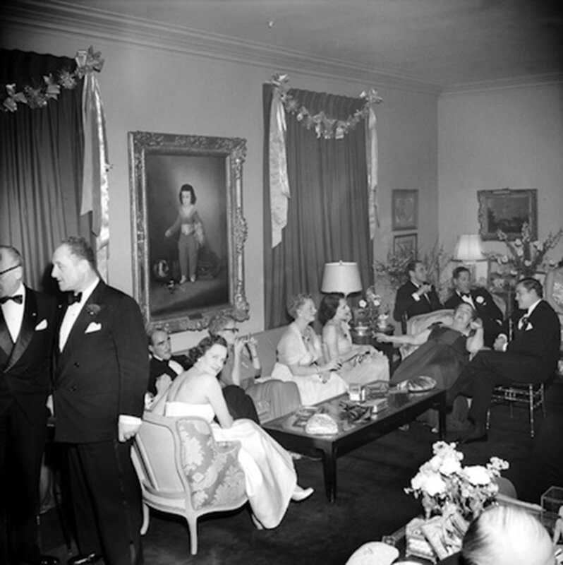 Slim Aarons, ‘Kitty Miller's New Year's Eve Party: Mrs. William Randolph Hearst, Elsa Maxwell, and friends’, 1953, Photography, Gelatin Silver Print, Staley-Wise Gallery