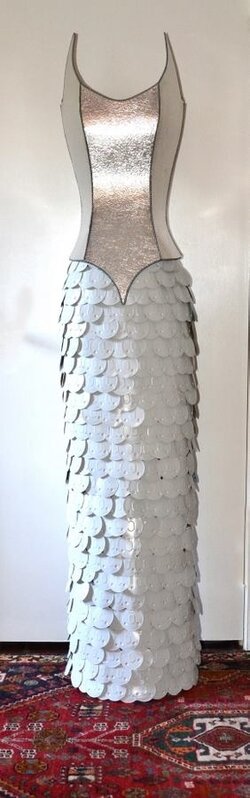Joyce Zipperer, ‘MeeeeOwww’, 2011, Sculpture, Skirt: Aluminum Cat Food Can Lids on Steel Wire Frame.  Corset: Aluminum with Fiberglass Mesh over Ball Chain Detail, Zenith Gallery