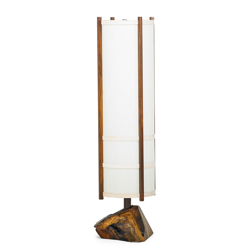 George Nakashima, ‘Kent Hall Floor Lamp, New Hope, PA’, 1965, Design/Decorative Art, Root Burl, Holly, Rosewood, Parchment, Two Sockets, Rago/Wright/LAMA/Toomey & Co.