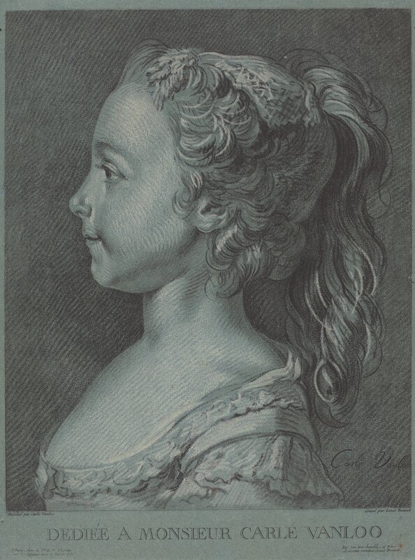 Louis-Marin Bonnet, ‘Marie-Rosalie Vanloo’, ca. 1764, Print, Chalk manner printed in black and white inks on blue paper, National Gallery of Art, Washington, D.C.