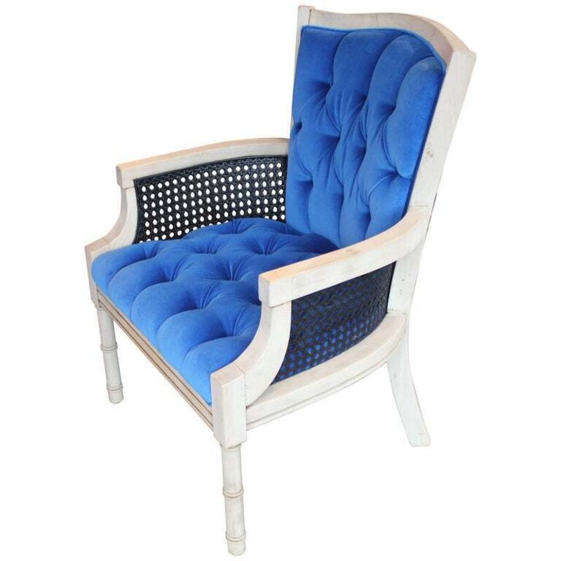 Baker Furniture Co., ‘Modern French Tufted Blue Velvet Bleached Lounge Chair with Cane Sides’, ca. 1960, Design/Decorative Art, Cane and velvet, Reeves Art + Design