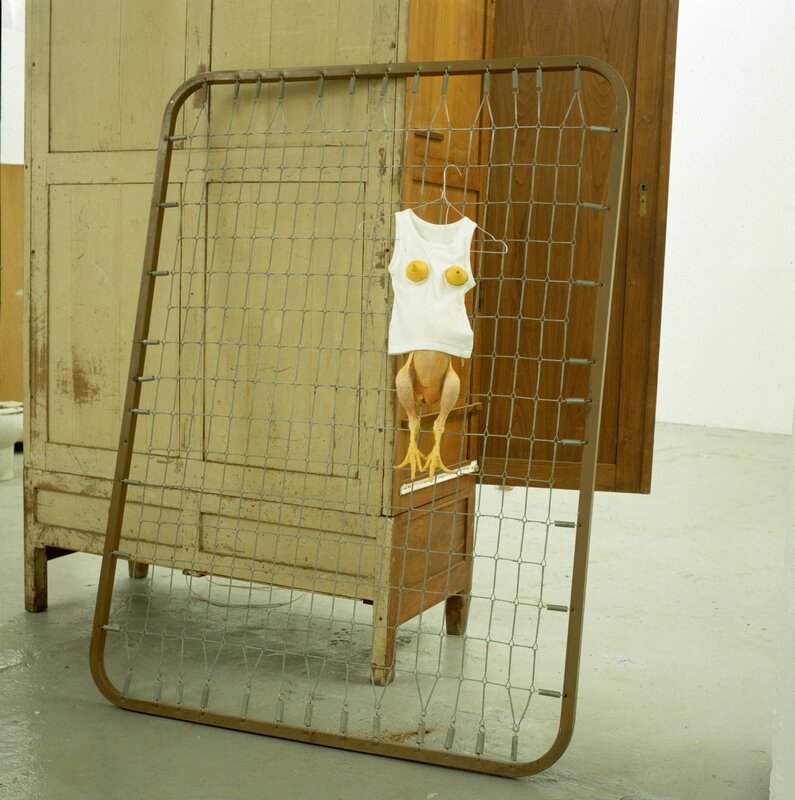 Sarah Lucas, ‘Sex Baby Bed Base’, 2000, Sculpture, Bed base, chicken, T-shirt, lemons, and hanger, New Museum