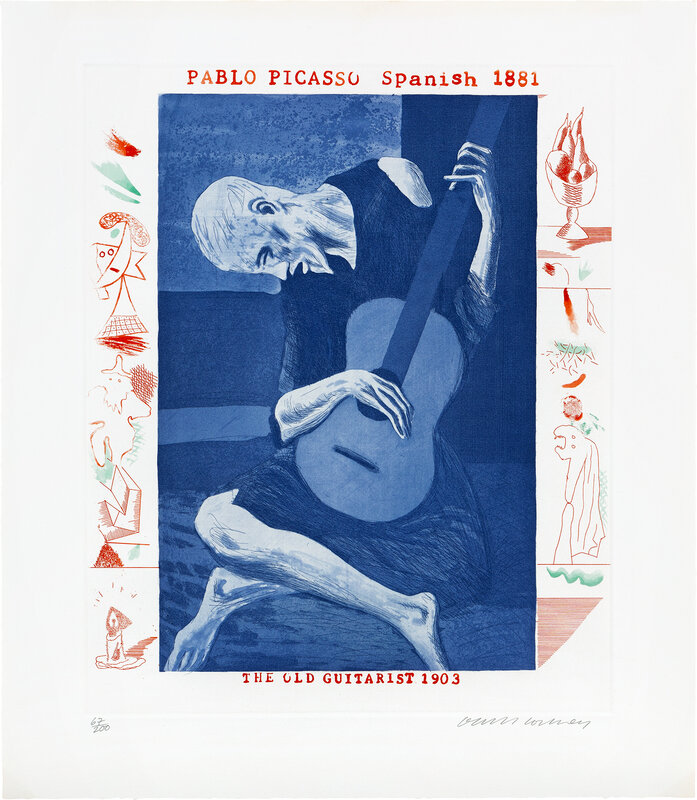 David Hockney, ‘The Old Guitarist, plate 2 from The Blue Guitar (S.A.C. 200, M.C.A.T. 179)’, 1976-77, Print, Etching and aquatint in colours, on Inveresk mould-made paper, with full margins., Phillips