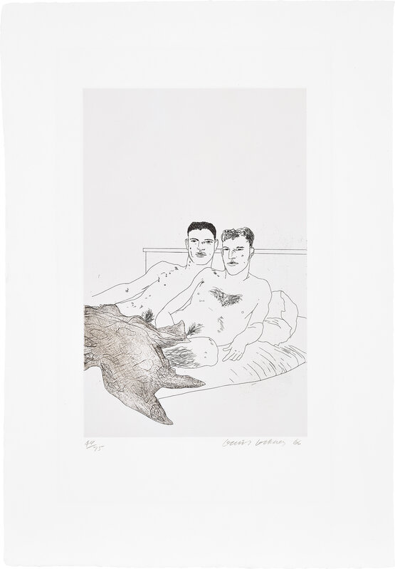 David Hockney, ‘The Beginning, plate 9 from Illustrations for 14 Poems by C.P. Cavafy (E.A. 466, S.A.C. 55, M.C.A.T. 55)’, 1966-1967, Print, Etching and aquatint, on handmade Crisbrook paper, with full margins., Phillips