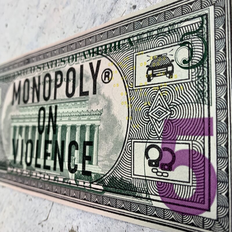 Penny, ‘Monopoly on Violence (AP)’, 2020, Drawing, Collage or other Work on Paper, One layer archival photographic ink print on genuine five Dollar bill, Hashimoto Contemporary