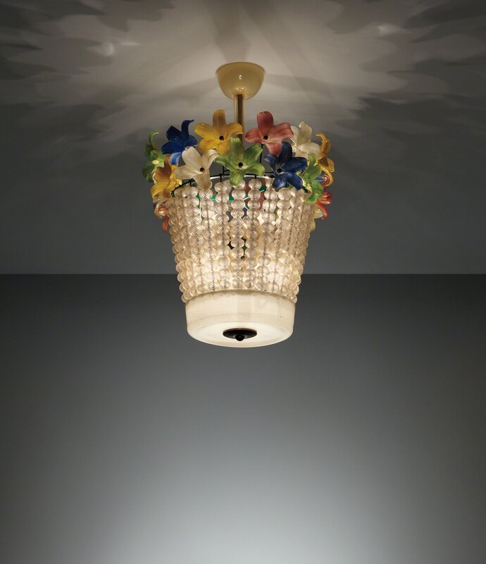 Flavio Poli, ‘Ceiling light’, 1950s, Design/Decorative Art, Clear and colored glass with gold leaf inclusions, painted steel, brass, Phillips