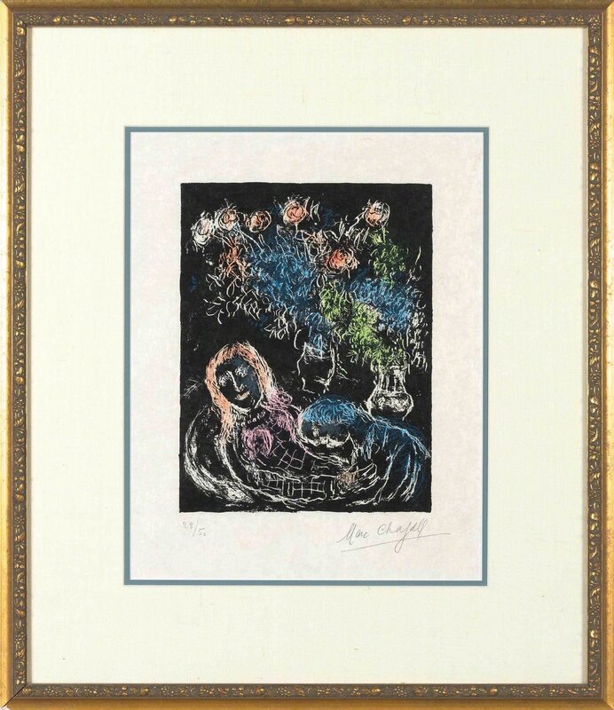 Marc Chagall, ‘Couple Sur Fond Noir II (M. 707A)’, 1973, Print, Color lithograph, on Japon nacré paper, Doyle