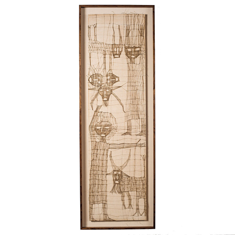 Luba Krejci, ‘Primative Figures and Animal’, 1970s, Textile Arts, Thread drawing, walnut frame, browngrotta arts