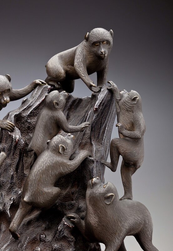 ‘Seven Monkeys Climb a Tree Stump (detail); Japan’, 1868–1912, Sculpture, Bronze, wood, lacquer, gold, Newark Museum